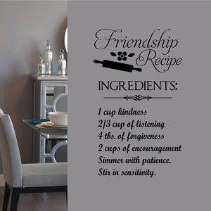 Kitchen Wall Decal Friendship Recipe, Farmhouse Vinyl Wall Lettering, Whimsical Decoration for Home Kitchen, Gift for Housewarming or Friend image 1