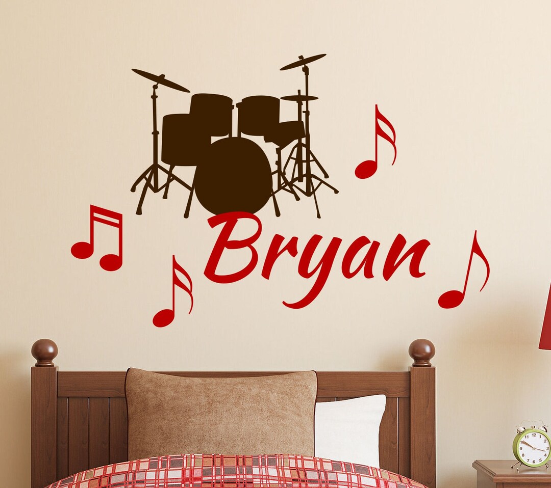 Custom Name Decal Drum Set Silhouette Music Notes, Teen Bedroom Vinyl ...