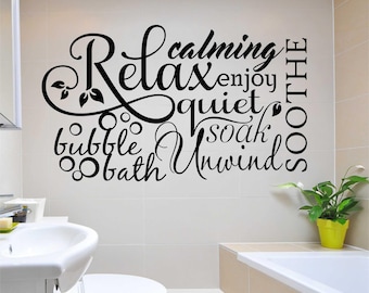 Bathroom Wall Decal Relax Word Collage, Bubble Bath Vinyl Wall Lettering, Home Decoration for the Bath, Farmhouse Bathroom Wall Quote