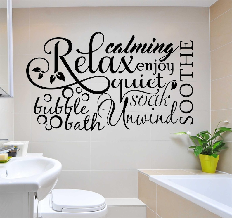 Bathroom Wall Decal Relax Word Collage, Bubble Bath Vinyl Wall Lettering, Home Decoration for the Bath, Farmhouse Bathroom Wall Quote image 1