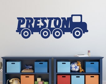 Custom Name Wall Decal Construction Truck, Kids Playroom or Bedroom Vinyl Wall Lettering, Transportation Theme Nursery Decal, Gift for Boy