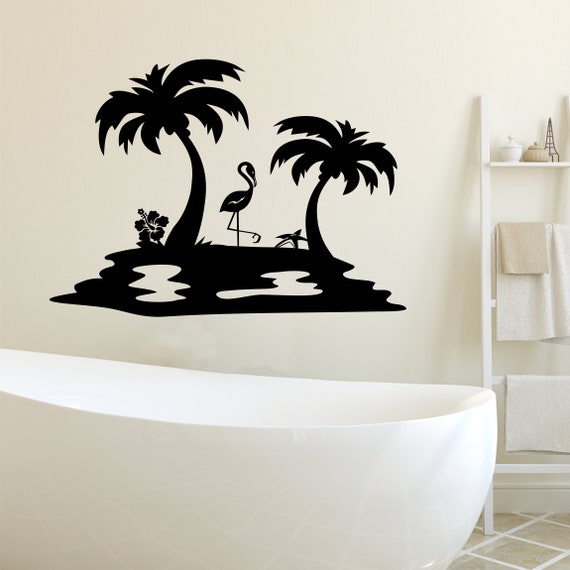 Badezimmer Wand tattoo Insel Flamingo und Palmen, Strand Haus Vinyl WandSchriftzug, Strand Themen Wandkunst, dekorative Natur Aufkleber