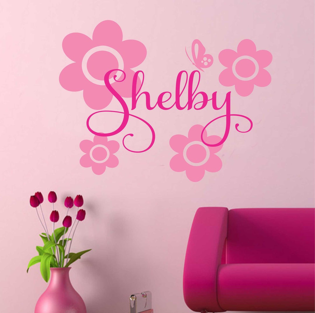 Custom Wall Decal Flowers Butterfly Name, Girl Nursery Vinyl Wall