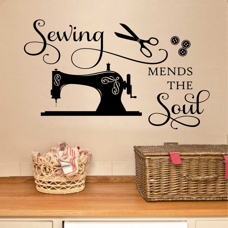 Craft Room Wall Decal Sewing Mends The Soul, Sewing Room Vinyl Wall Lettering, Crafting Office Wall Quote, Gift for Seamstress or Crafter image 1