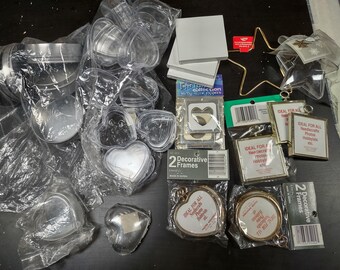 Craft Lot of Heart Favor Boxes, Metal Candle Tins, Party Favor Supplies, Small Photo Frames, Scrapbooking Picture Mats, Mini Canvas