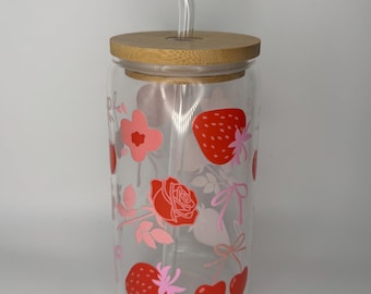 Cherry Strawberry Glass Tumbler with Straw | Pink Bows & Flowers Design | Reusable Iced Coffee Cup | Cute Tumbler Gift | 16oz Glass Cup