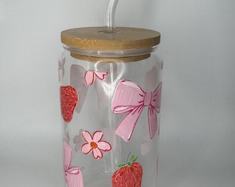 Strawberry Glass Tumbler with Straw | Pink Bows & Flowers Design | Reusable Iced Coffee Cup | Cute Tumbler Gift | 16oz Glass Cup
