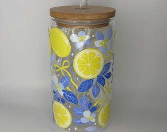 Lemon Blueberry Glass Tumbler with Straw | Blue Flowers & Lemon Design | Reusable Iced Coffee Cup | Cute Tumbler Gift | 16oz Glass Cup