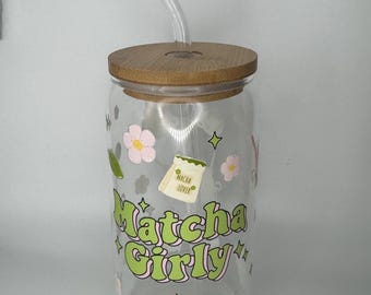 Matcha Girly Glass Tumbler with Straw | Matcha Lover Design | Reusable Iced Coffee Cup | Cute Tumbler Gift | 16oz Glass Cup