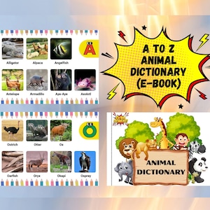 Puede incluir: Un libro de alfabeto ilustrado colorido para niños con animales de la A a la Z. La portada muestra un diccionario de animales de dibujos animados con una jirafa, un león, un mono, una cebra y un panda.