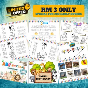 Puede incluir: Un conjunto de hojas de trabajo educativas imprimibles para niños con letras del alfabeto, ilustraciones de animales y actividades para colorear. Las hojas de trabajo incluyen un juego de '¿Quién?', un juego de '¡Cuestionario!' y un 'Diccionario de animales' con ilustraciones coloridas de animales.