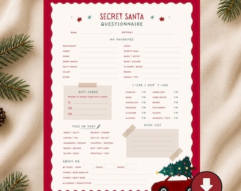 May include: A Secret Santa questionnaire printed on a cream-colored sheet with a scalloped red border. The form includes sections for favorites, gift cards, this or that preferences, a wish list, and about me details, featuring a red car graphic.
