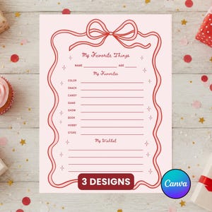 Kids Favorites List Printable | Girls Favorite Things Questionnaire | Editable Canva Gift Preference Form | Pink Bow