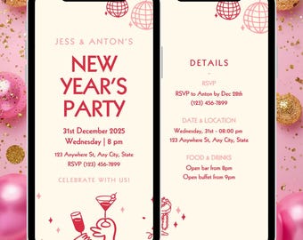 Può includere: Due smartphone mostrano un invito per una festa di Capodanno. L'invito presenta testo rosso su sfondo crema, con dettagli come data, ora e informazioni RSVP. Illustrazioni di cocktail e grafiche di palle da discoteca decorano il design.