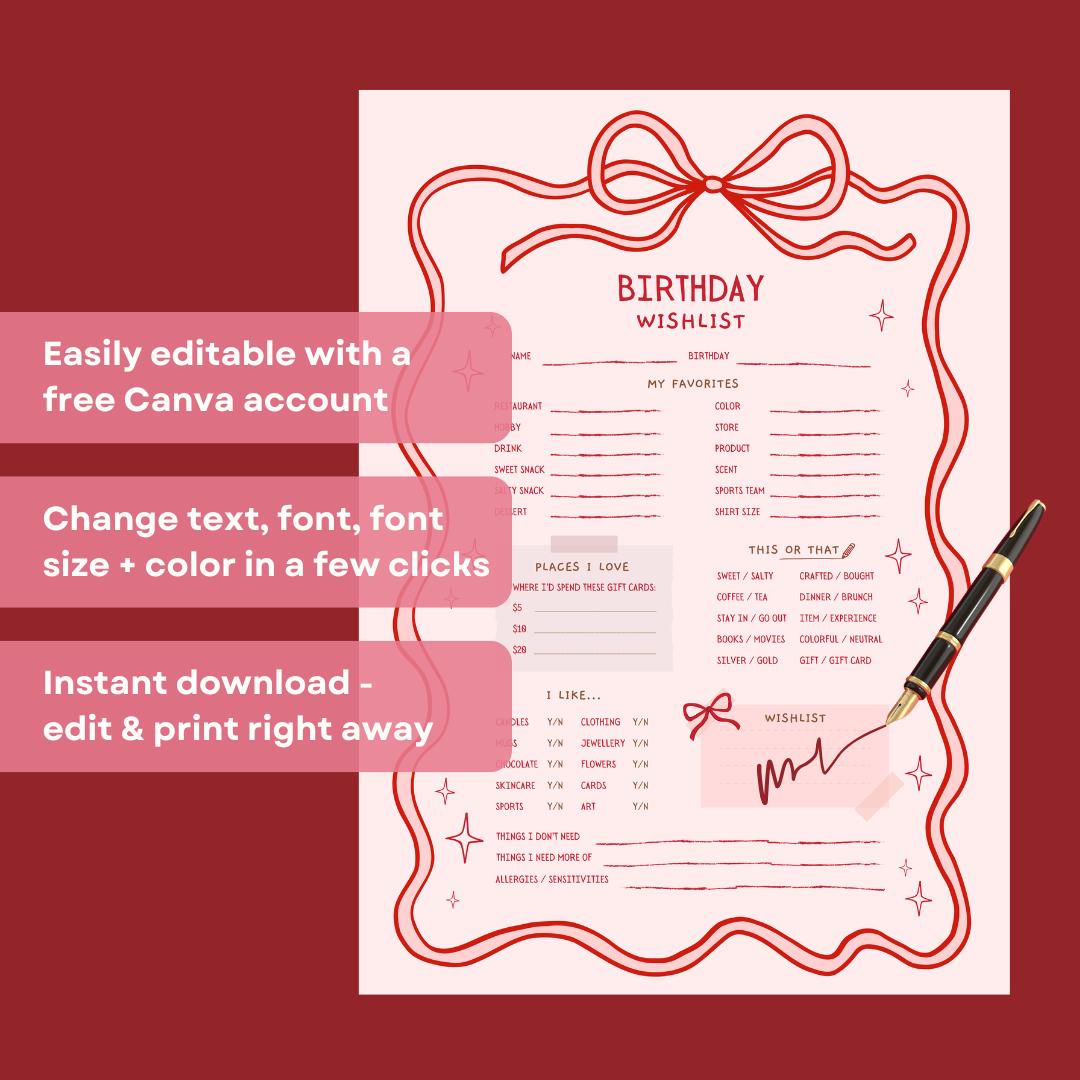 Editable Birthday Wishlist Questionnaire for Women | Canva Gift ...