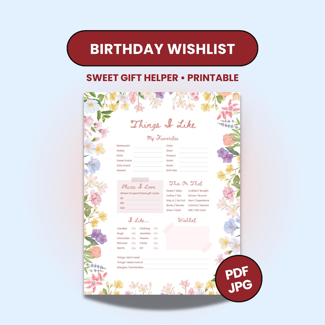 Birthday Wishlist Printable | Floral Favorite Things List | Things I ...