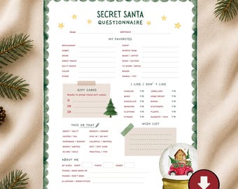 May include: A Secret Santa questionnaire printed on white paper with a dark green scalloped border, yellow stars, and a snow globe graphic. The form includes sections for favorites, gift cards, this or that choices, a wish list, and about me details.