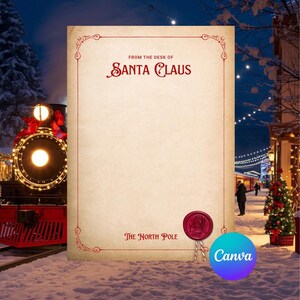 May include: A Christmas-themed letter from Santa Claus, with a vintage design. The letterhead reads "From the Desk of Santa Claus" and "The North Pole." The design includes ornate red borders, a red wax seal, and a steam train in the background.