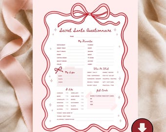 May include: A light pink Secret Santa questionnaire printed on paper with a dark red decorative bow border. The form includes sections for My Favorites, My Sizes, This Or That, I Like, and Gift Cards, featuring small star icons and text.