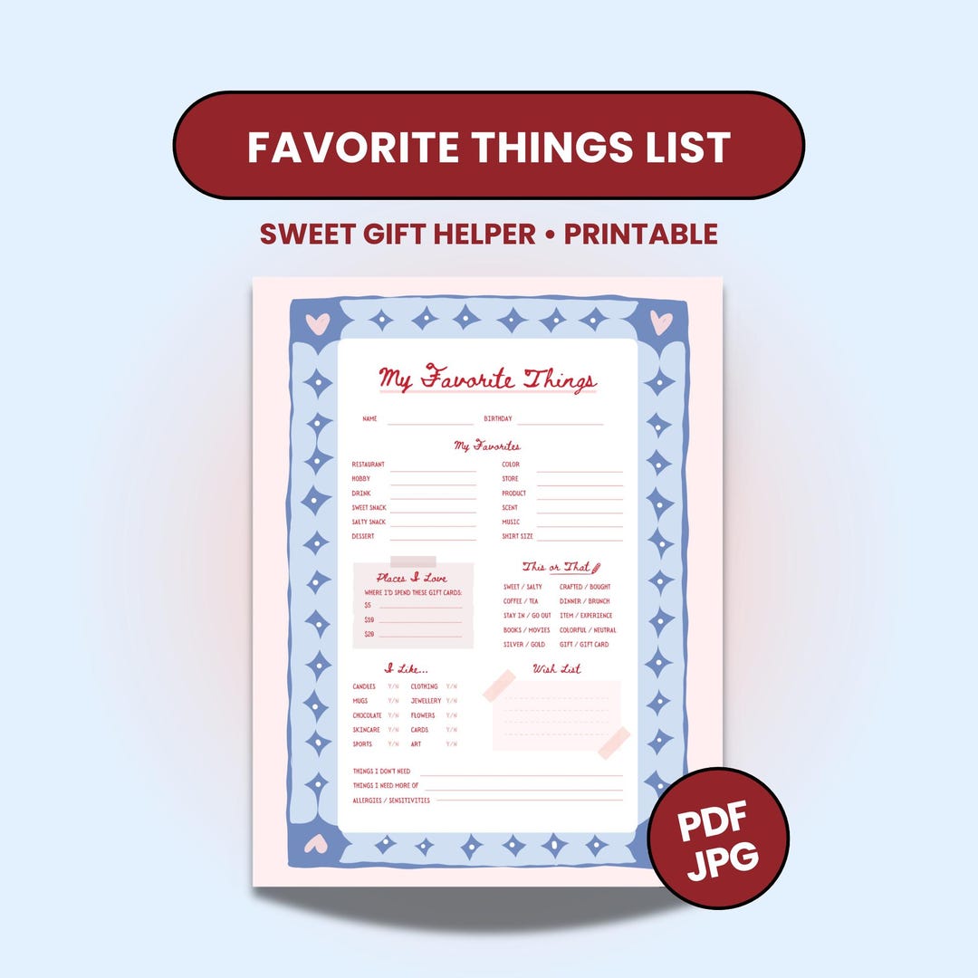 Favorite Things List Printable | Blue Whimsical Things I Like ...
