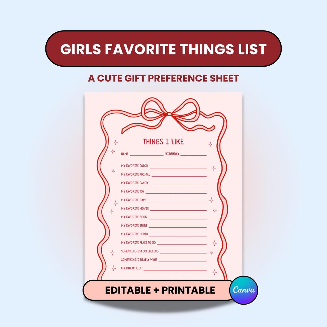 Girls Favorite Things List Editable in Canva | Kids Gift Preference ...