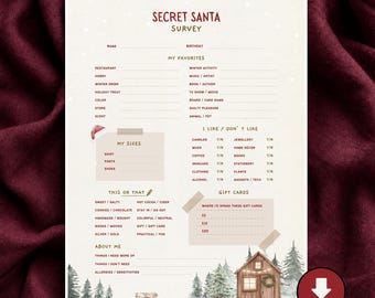 May include: A Secret Santa survey printable sheet with a cream background, red text, and winter-themed illustrations. The form includes sections for favorites, sizes, likes and dislikes, this or that preferences, gift cards, and about me details.