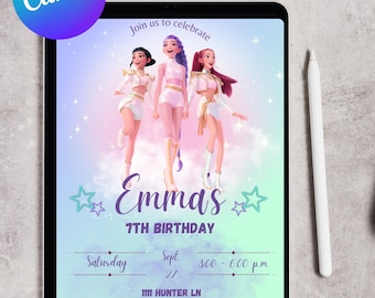 Kpop-verjaardagsuitnodiging voor meisjes | Bewerkbare canvassjabloon | Digitale feestuitnodiging downloaden | Thema popster