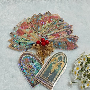 Vintage fönsterdekaler med PET-motiv｜Guldfolie och snäckskalsglans｜40 st slumpmässiga blommönster