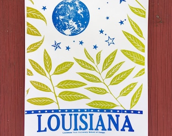 Louisiana Moon & Stars w/ Peach Leaves - Relief Printed Letterpress Poster
