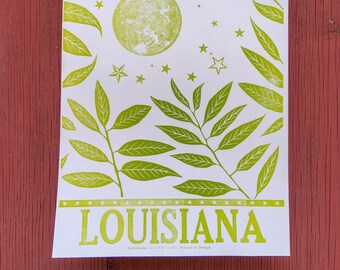 Louisiana Moon & Stars w/ Peach Leaves - Relief Printed Letterpress Poster - Test print