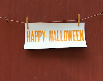 Happy Halloween letterpress banner featuring bulldog