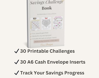 Może przedstawiać: Biała "Savings Challenge Book" z tekstem "30 Printable Challenges" i "30 A6 Cash Envelope Inserts". Okładka książki ma trzy małe obrazki i tekst "Fun, visual & gamified". Książka ma na celu śledzenie postępów w oszczędzaniu i jest natychmiastowym pobraniem.