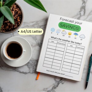 May include: A white notebook with the text "Forecast your SAVINGS!" and weather icons. The notebook has sections to track savings. A cup of coffee, a pen, and a plant are also in the image.