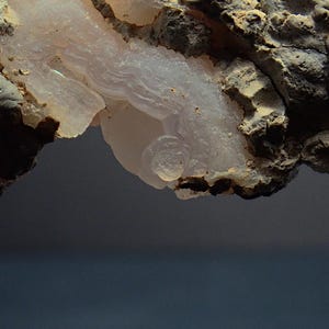May include: Close-up of a mineral specimen showing a light pink, translucent, layered formation. The mineral has a smooth, almost liquid appearance, contrasted by the rough, dark brown and grey surrounding rock. The overall texture is both delicate and rugged.