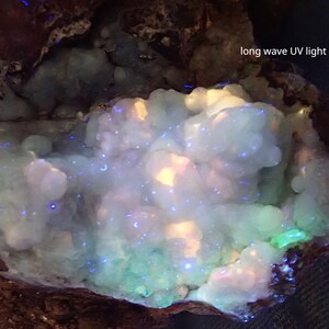 May include: A close-up of a light blue and green mineral under long wave UV light. The mineral glows brightly in shades of blue, green, and white.