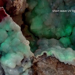 May include: A close-up of a green and white mineral specimen under short wave UV light. The mineral glows a bright green under the light.