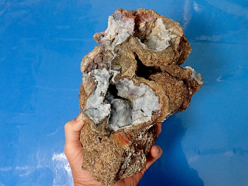 May include: A large, irregularly shaped rock with a rough, brown exterior. The rock has a cavity that reveals a cluster of white and light blue crystals.
