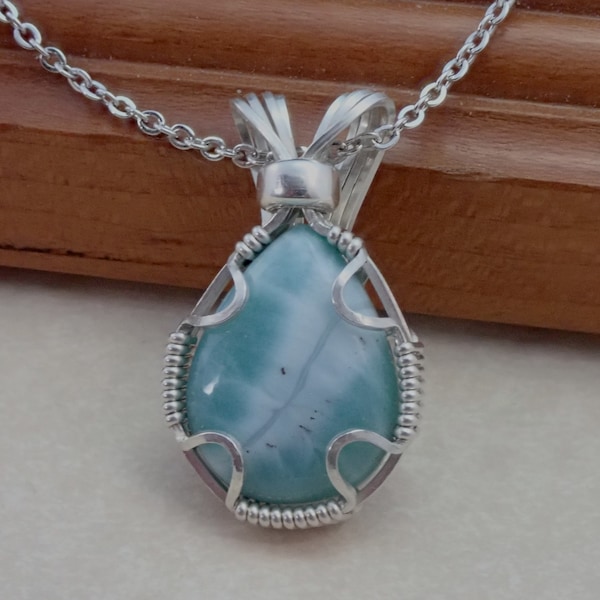 30118 Larimar Pendant wire wrapped larimar pendant  hand made wire wrapped pectolite  sterling silver wire wrapped larimar from thegemdealer