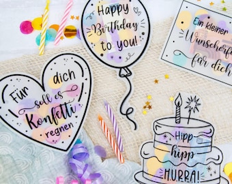 Shaker Card Birthday Set – Money Gift – Packaging for Money & Gift Certificates – Wish Granter – Craft Template PDF Printable Gift DIY