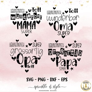 Könnte beinhalten: Vier schwarz-weiße digitale Schnittdateien mit Text in deutscher Sprache. Der Text lautet "Lieblingsmensch", "wunderbar", "super", "toll", "grossartig", "stark", "Mama", "Oma", "Opa" und "Papa".