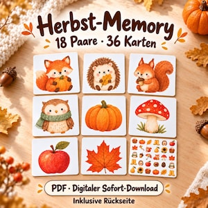 May include: A memory card game titled Herbst-Memory 18 Paare 36 Karten featuring square cards with illustrations of a fox, hedgehog, squirrel, owl, pumpkin, mushroom, apple, and maple leaf, plus a sheet of small icons and a PDF download label.