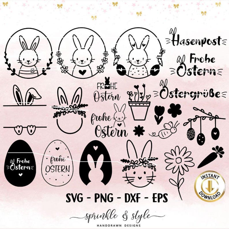 K&ouml;nnte beinhalten: Ein Set mit 16 Schwarzwei&szlig;-Illustrationen von Osterhasen und Eiern. Die Illustrationen beinhalten Hasen mit Blumen, Eier mit Text und andere Ostermotive. Der Text beinhaltet "Frohe Ostern", "Hasenpost", "Ostergr&uuml;&szlig;e" und "Frohe Ostern".