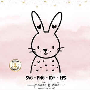 May include: A black and white bunny illustration with heart details on a pink watercolor background. The bunny has heart-shaped accents on its ears and body. Text includes "SVG - PNG - DXF - EPS" and "sprinkle & style".
