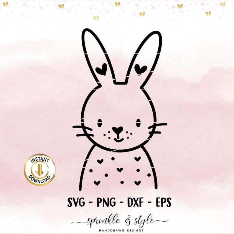 May include: A black and white bunny illustration with heart details on a pink watercolor background. The bunny has heart-shaped accents on its ears and body. Text includes "SVG - PNG - DXF - EPS" and "sprinkle & style".