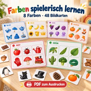 May include: Educational set for learning colours featuring 8 colour-coded boards and 48 picture cards. The boards display items in blue, yellow, purple, orange, red, and green with text labels. Includes a red button graphic with text PDF zum Ausdrucken.