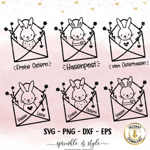 May include: Six black and white illustrations of envelopes with bunnies inside. Each envelope has a different message written on it, including "Frohe Ostern", "Hasenpost", "vom Osterhasen", "Hasen Liebe", "Frohe Ostern", and "Hasen Post".
