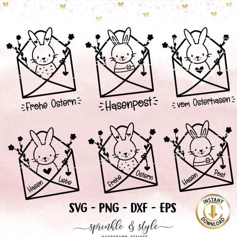 May include: Six black and white illustrations of envelopes with bunnies inside. Each envelope has a different message written on it, including "Frohe Ostern", "Hasenpost", "vom Osterhasen", "Hasen Liebe", "Frohe Ostern", and "Hasen Post".