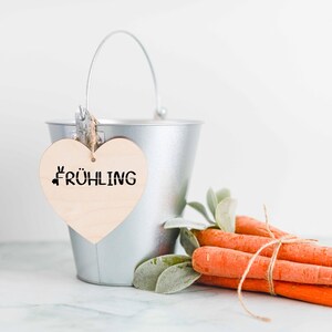 May include: A silver metal bucket with a wooden heart-shaped tag that reads "FR&Uuml;HLING" in black. A bundle of orange carrots tied with twine and green leaves rests beside the bucket, suggesting a spring or Easter theme.