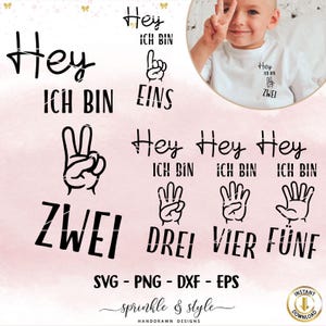 May include: Black and white digital design files for a set of five SVG cut files. The files feature the German phrase "Hey ich bin" (meaning "Hey I am") with a number from one to five. Each number is represented by a hand gesture showing the corresponding number of fingers. The files are perfect for creating personalized t-shirts, mugs, or other crafts.