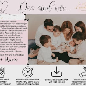 May include: A family of seven, including a newborn, is shown in a soft-toned photograph. The image includes text in German, a logo for Sprinkle & Style, and four icons representing handmade, instant download, easy download, and quality assurance.